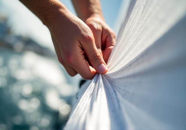 Primer plano de un marinero ajustando las cuerdas de una vela blanca limpia