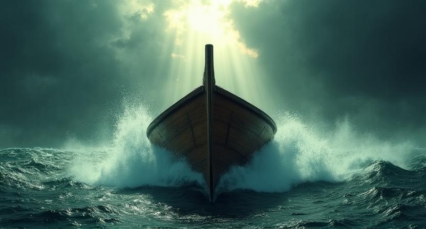 Ilustración artística de un trirreme griego navegando un mar embravecido bajo un cielo tormentoso