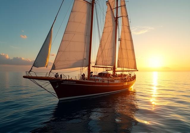 Velero clásico navegando al atardecer, representando la navegación literaria