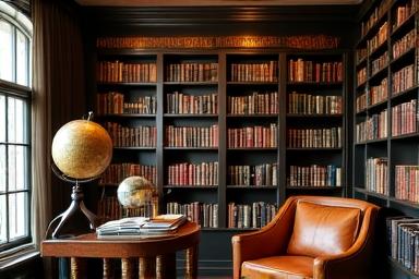 Biblioteca náutica acogedora con sofás de cuero