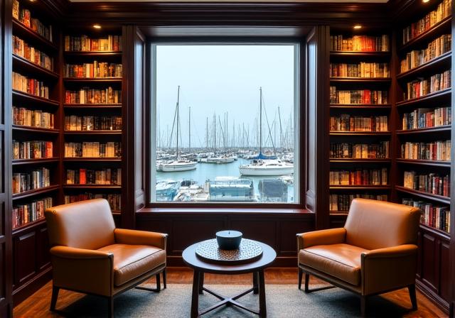 Biblioteca del club con vistas al mar